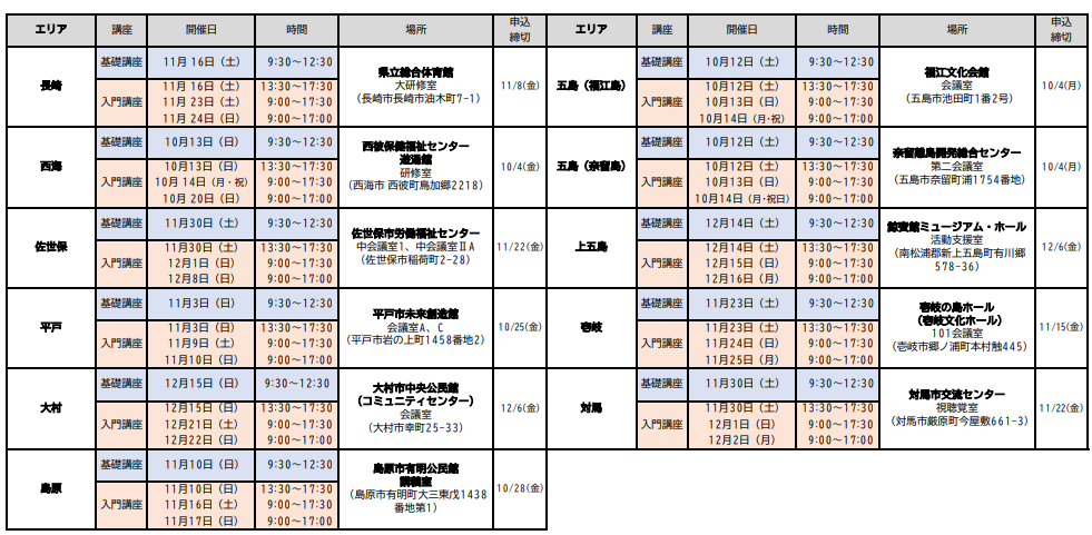 研修会場・日程一覧